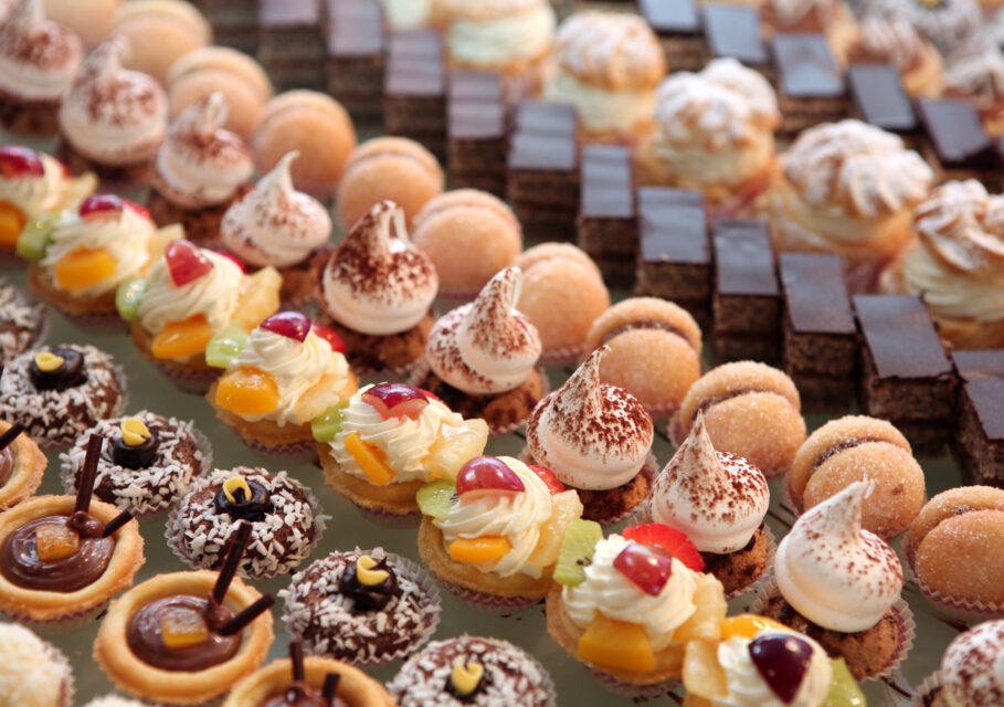 Diversity of pastry decorated with fruit