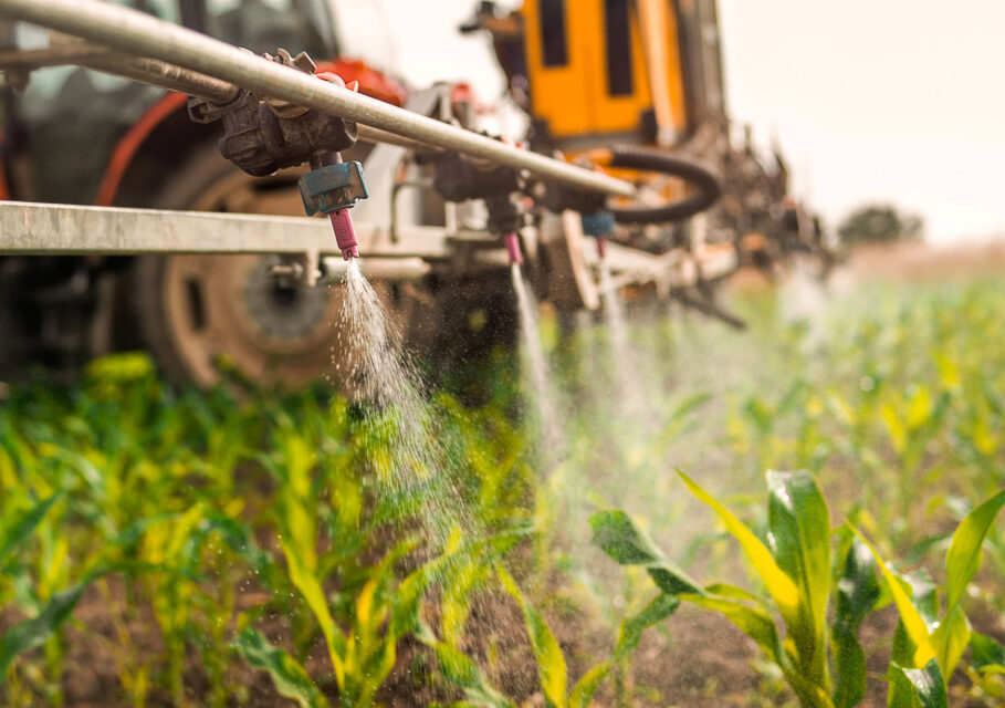 Crop sprayer spraying pesticides on crops in field.