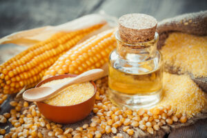 Corn essential oil bottle, corn groats, dry seeds and corncobs on wooden rustic table. Selective focus