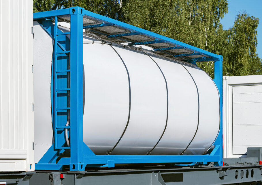 Tank container 20-foot-long on the railway platform.